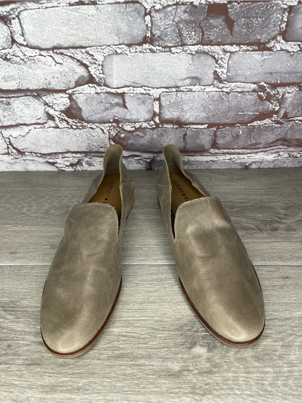 Lucky Brand Cahill Crashback Taupe Leather Slip-On Loafers Shoes Women sz 10M US